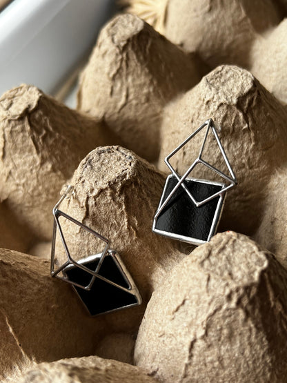 Geometric Pyramid Stud Earrings: Enamel Silver Cyber Gothic Jewelry