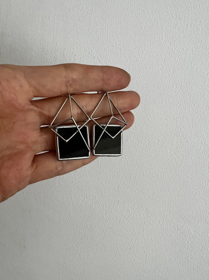 Geometric Pyramid Stud Earrings: Enamel Silver Cyber Gothic Jewelry