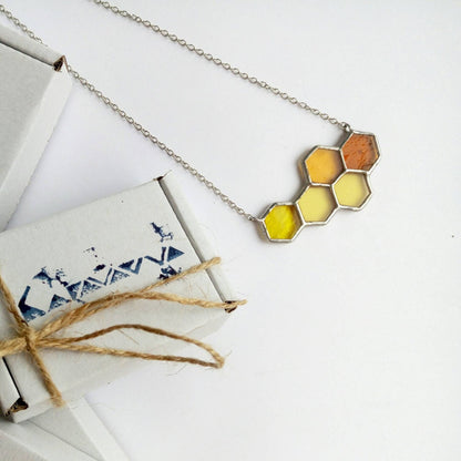 Honeycomb Necklace: Yellow Bee Hexagon Pendant, Geometric Jewelry