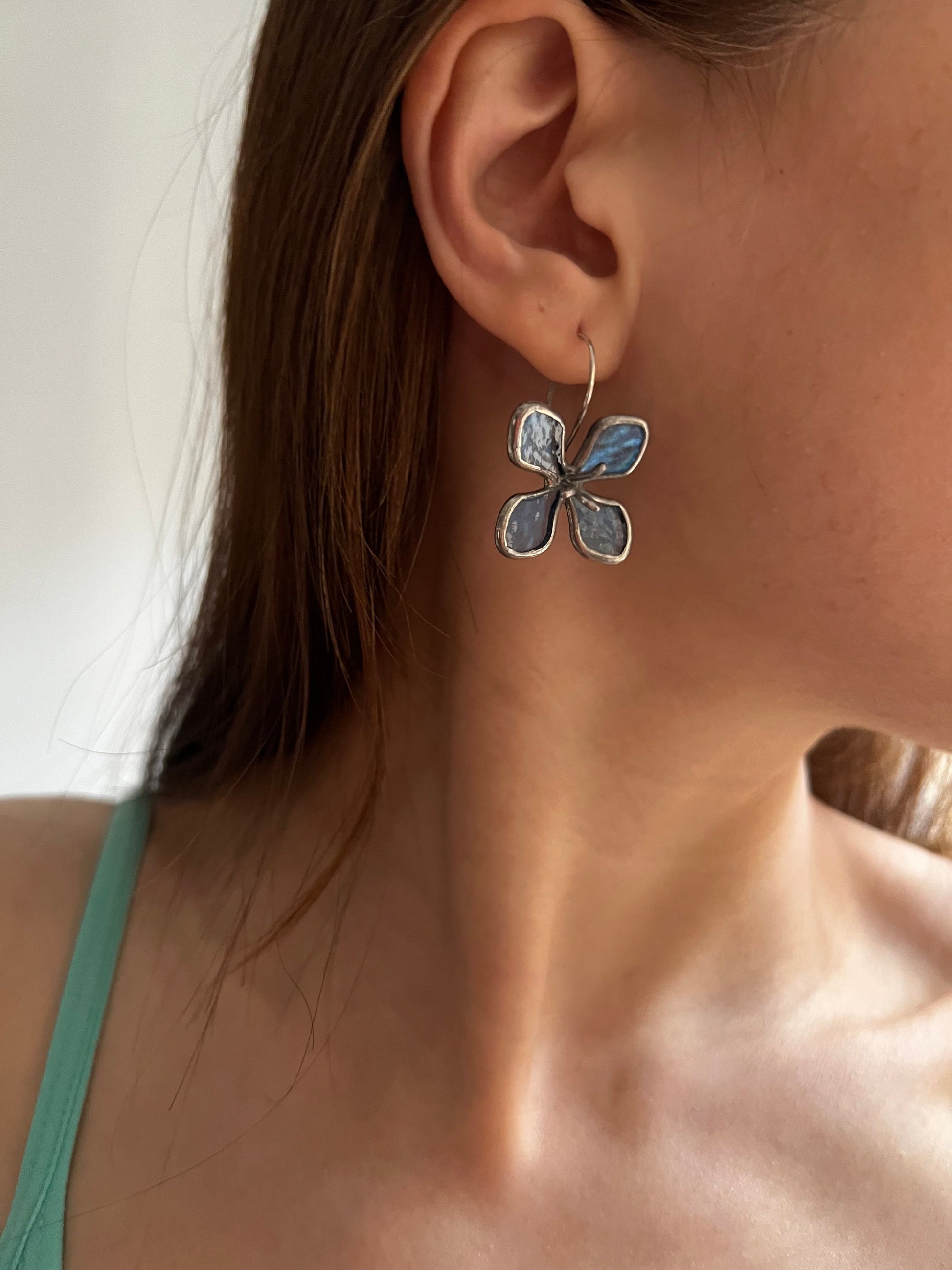 Mismatched blue hydrangea stained glass earrings close-up