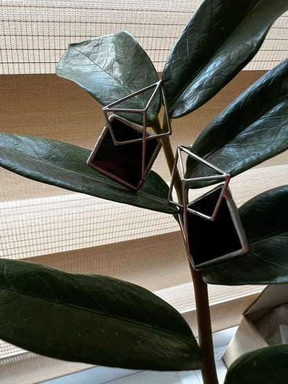 Geometric Pyramid Stud Earrings: Enamel Silver Cyber Gothic Jewelry