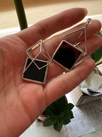 Geometric Pyramid Stud Earrings: Enamel Silver Cyber Gothic Jewelry