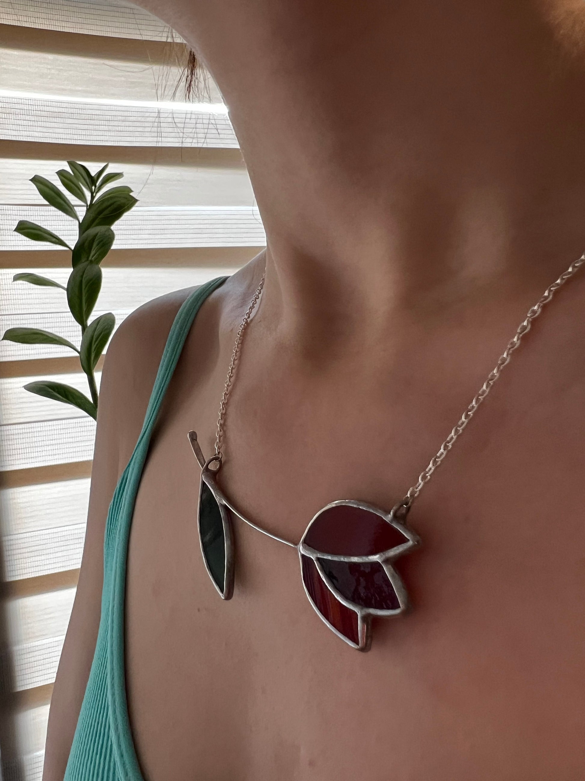 Stained Glass Tulip Necklace: Large Floral Pendant, Art Glass Jewelry