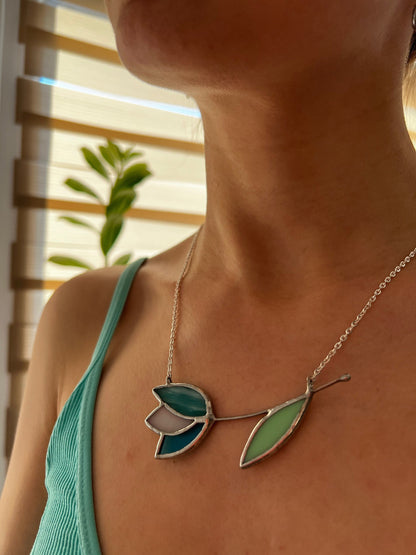 Stained Glass Tulip Necklace: Large Floral Pendant, Art Glass Jewelry
