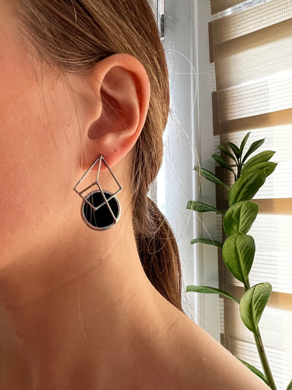 Modern architectural stained glass earrings on ear