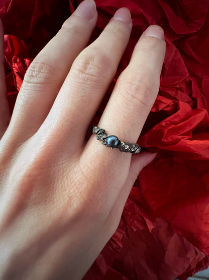 Textured oxidized silver ring with dark pearl, statement jewelry