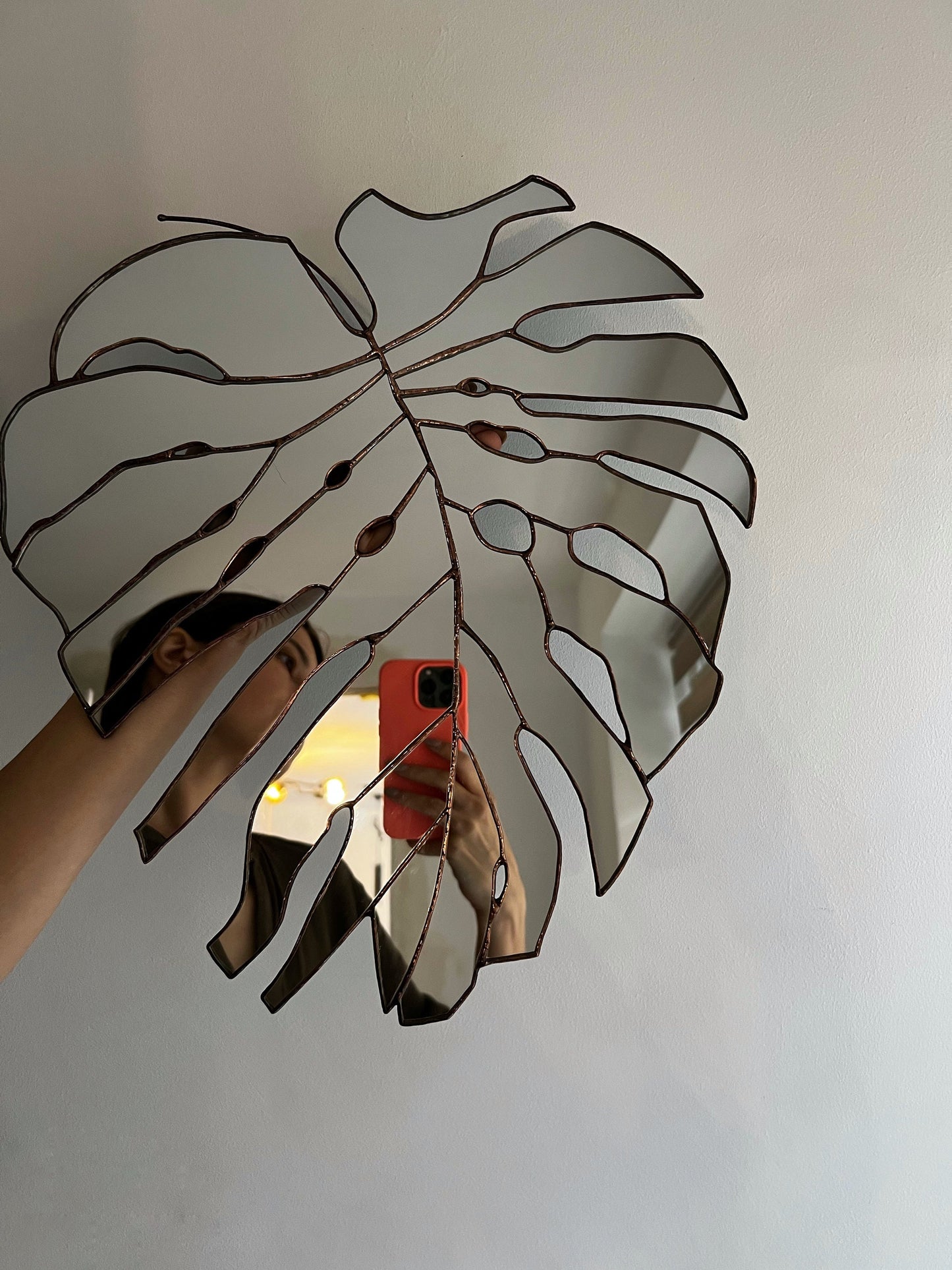 Monstera leaf mirror, stained glass plant leaf decor, wall hanging decorative mirror, nature lover gift, stained glass art, botanical decor