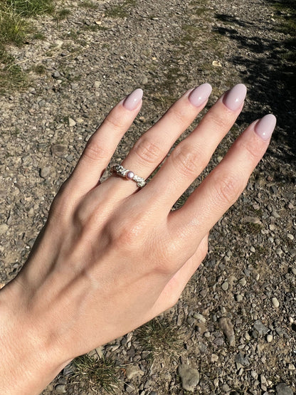 Artisan oxidized silver ring with pearl, engagement style jewelry