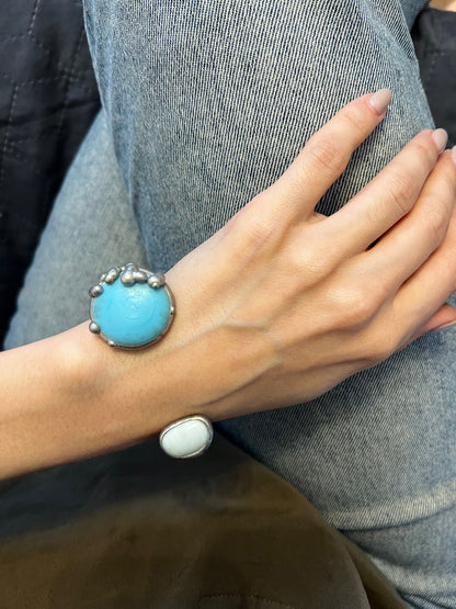 Stained Glass Cuff: Clear Blue Fused Bracelet, Adjustable Open Band