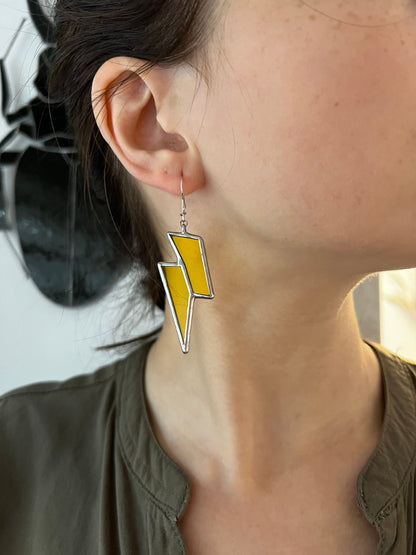 Yellow Stained Glass Lightning Bolt Earrings: Boho Festival Fashion