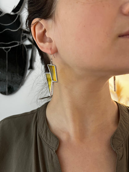 Yellow Stained Glass Lightning Bolt Earrings: Boho Festival Fashion