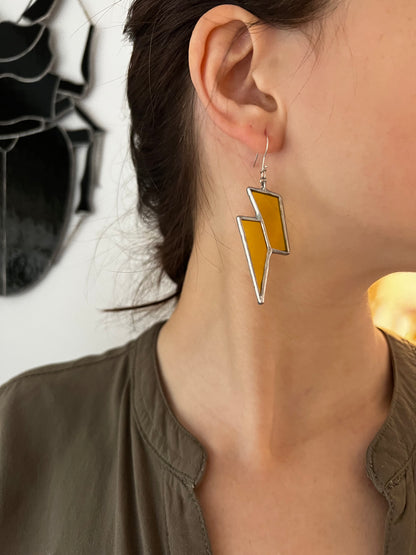 Yellow Stained Glass Lightning Bolt Earrings: Boho Festival Fashion