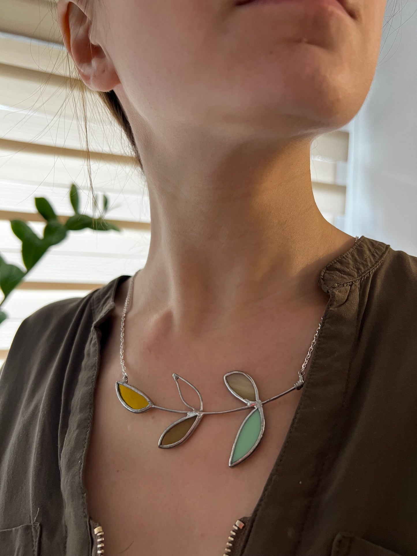 Stained Glass Branch Necklace: Botanical Art Glass Pendant