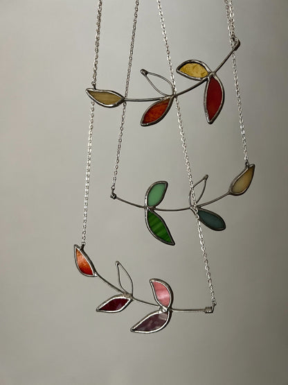 Stained Glass Leaf Necklace: Red Orange Botanical Pendant