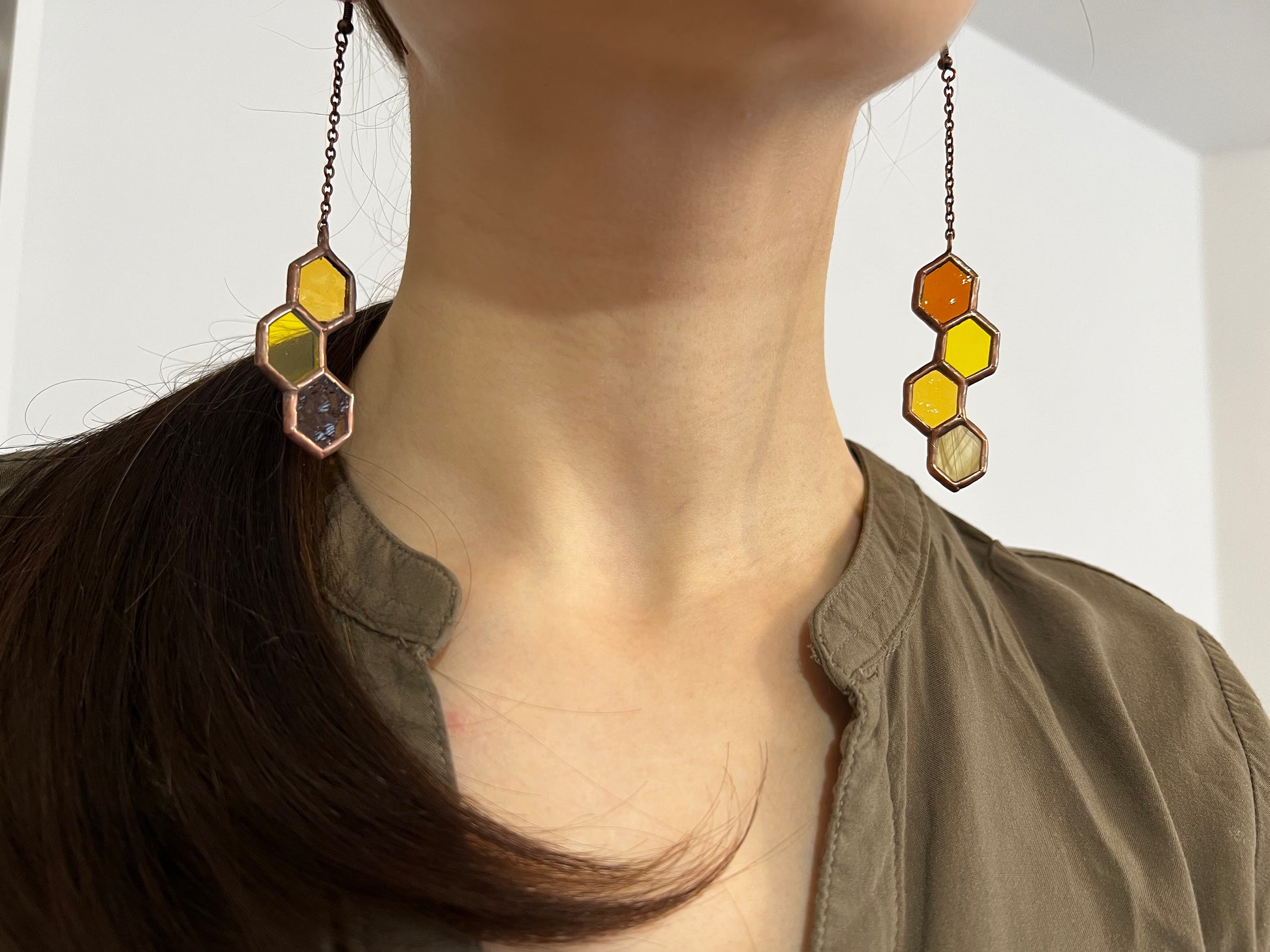 Honeycomb Dangle Earrings: Stained Glass Bee Jewelry