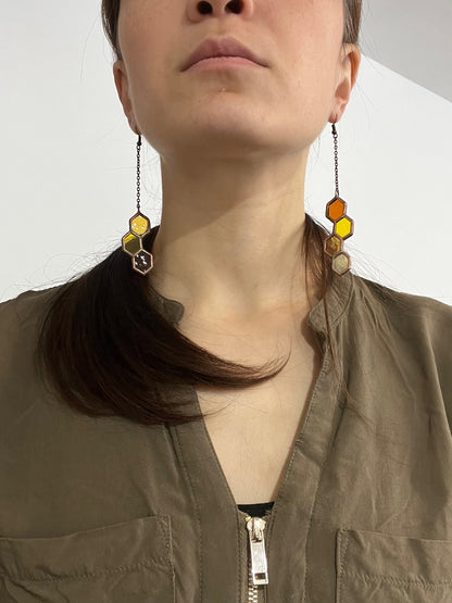 Honeycomb Dangle Earrings: Stained Glass Bee Jewelry