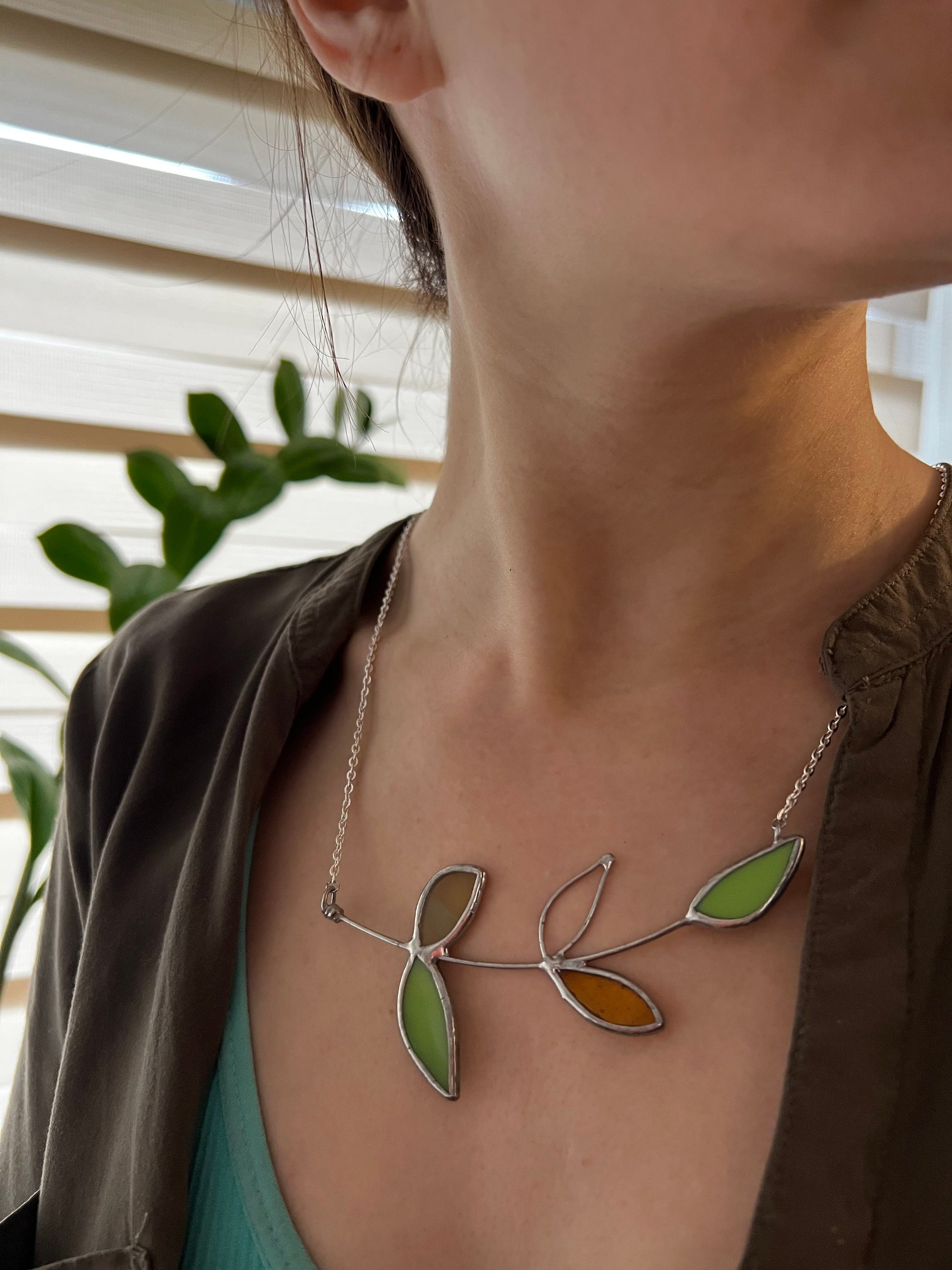 Stained Glass Leaf Necklace, Botanical Garden Jewelry, Tropical fall charm, green forest pendant