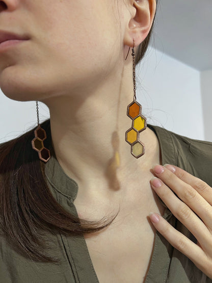 Long stained glass earrings, honey shades