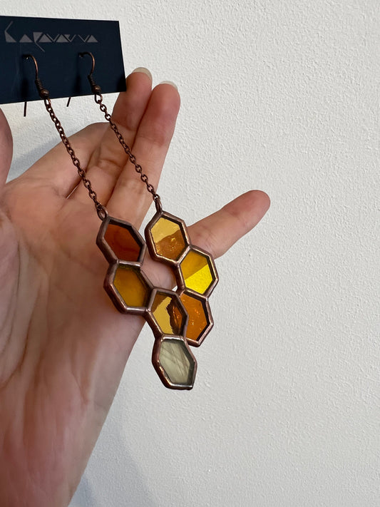 Yellow Geometric Honeycomb Earrings, Handmade