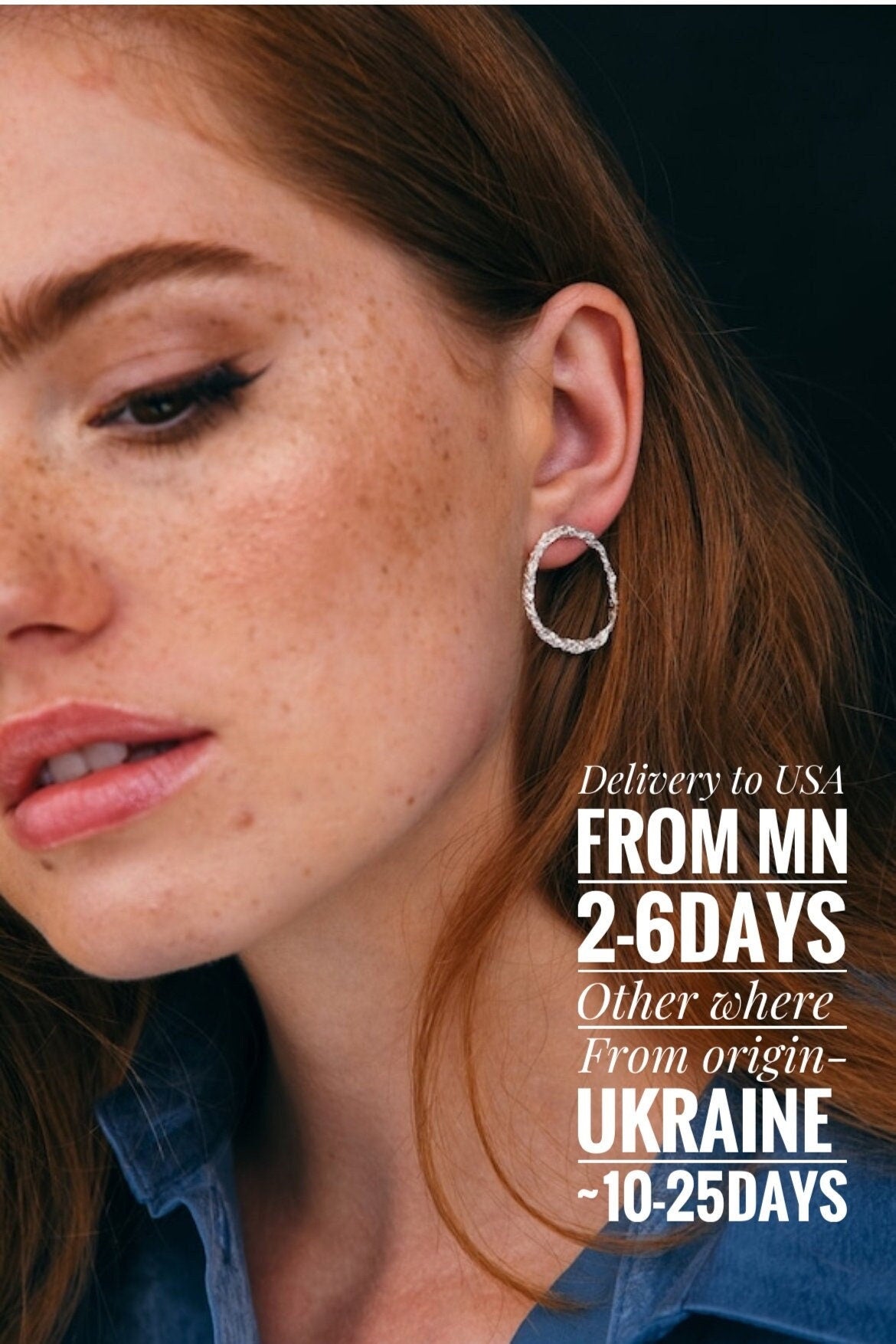 Close-up of hammered silver circle earrings worn by model with warm lighting.