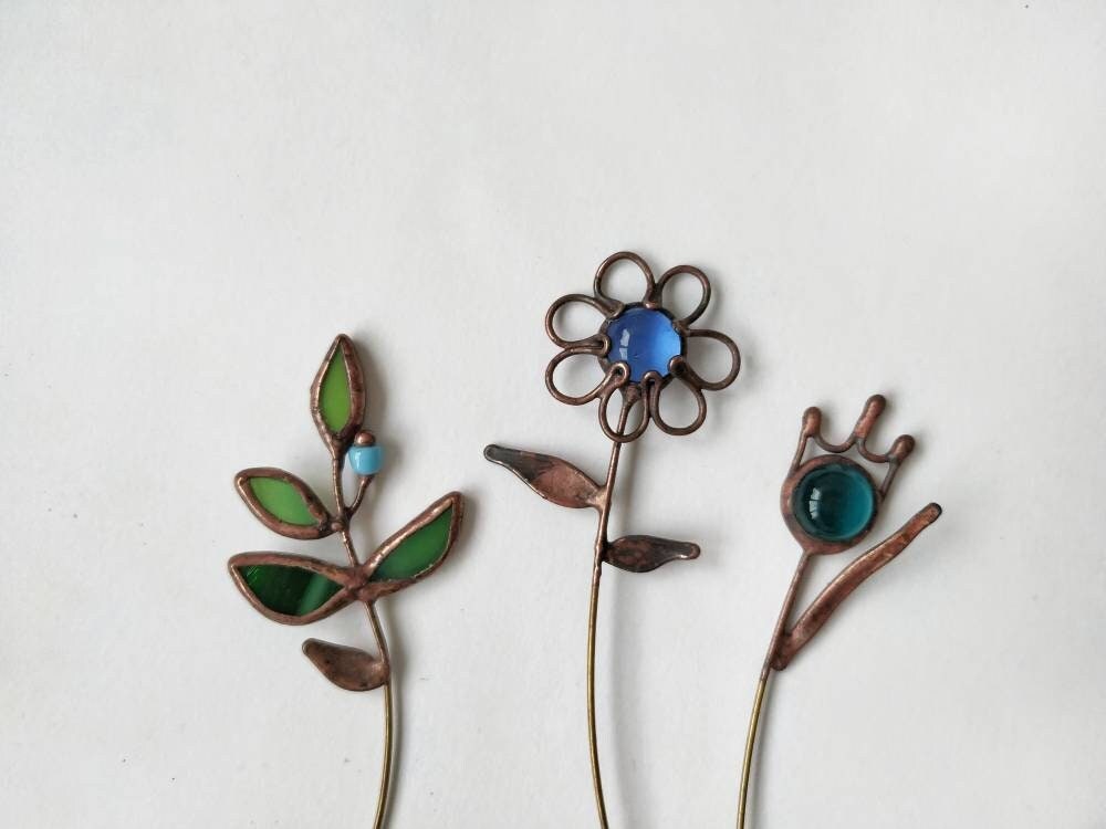 Stained Glass Flower Pin: Copper Wire Wrapped Brooch