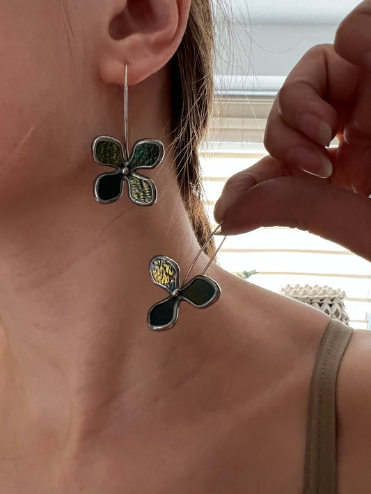 Dark aquamarine stained glass earrings handmade