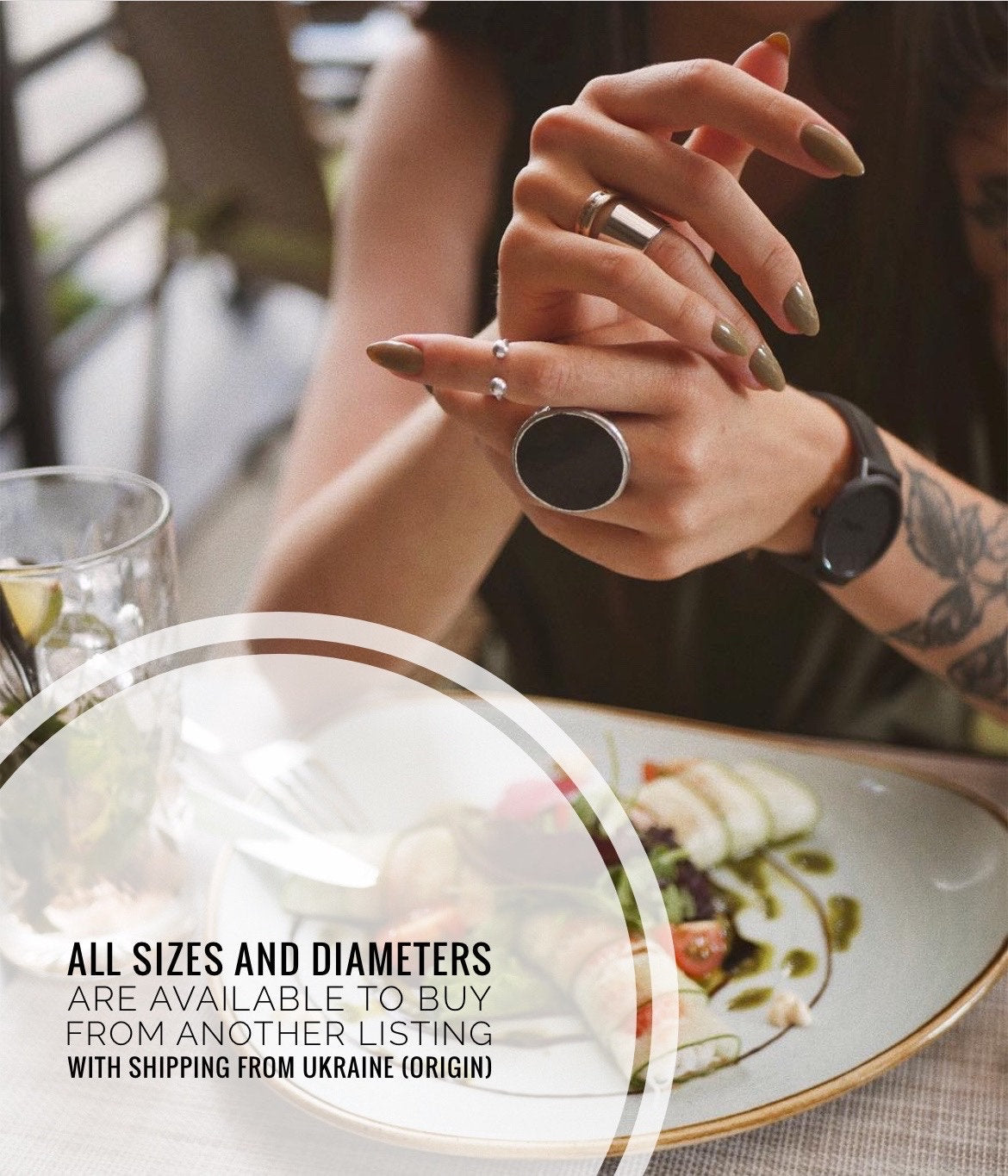 Black minimalist disc ring branding image, handmade statement jewelry