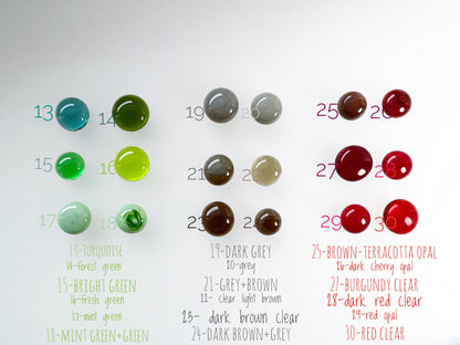 Dark and earthy stained glass color samples for jewelry making