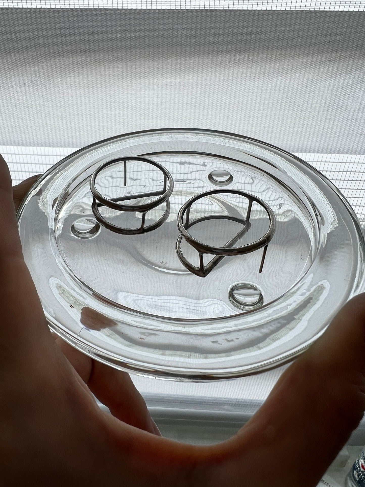 Close-up of transparent double disc earrings on glass plate