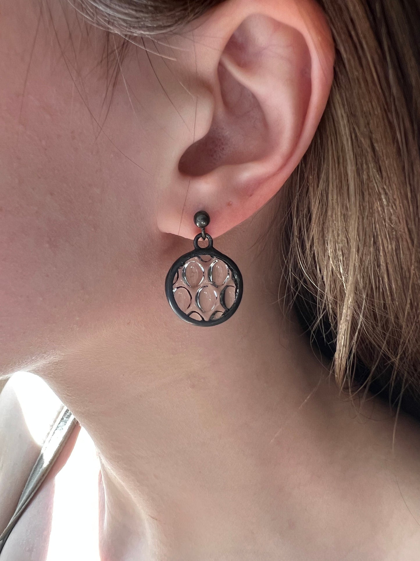 Stained Glass Raindrop Earrings: Round Crystalline Disc, Silver Studs