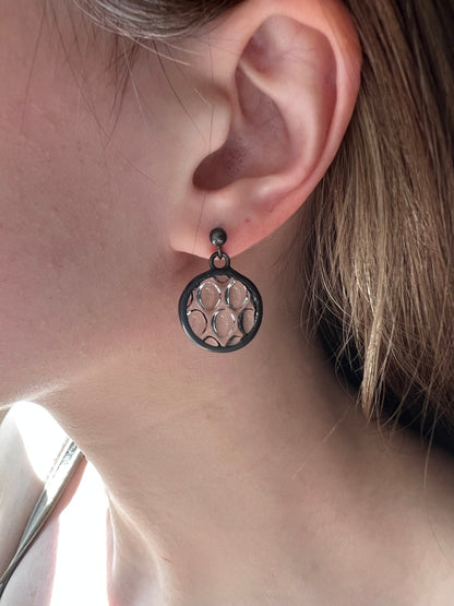 Stained Glass Raindrop Earrings: Round Crystalline Disc, Silver Studs