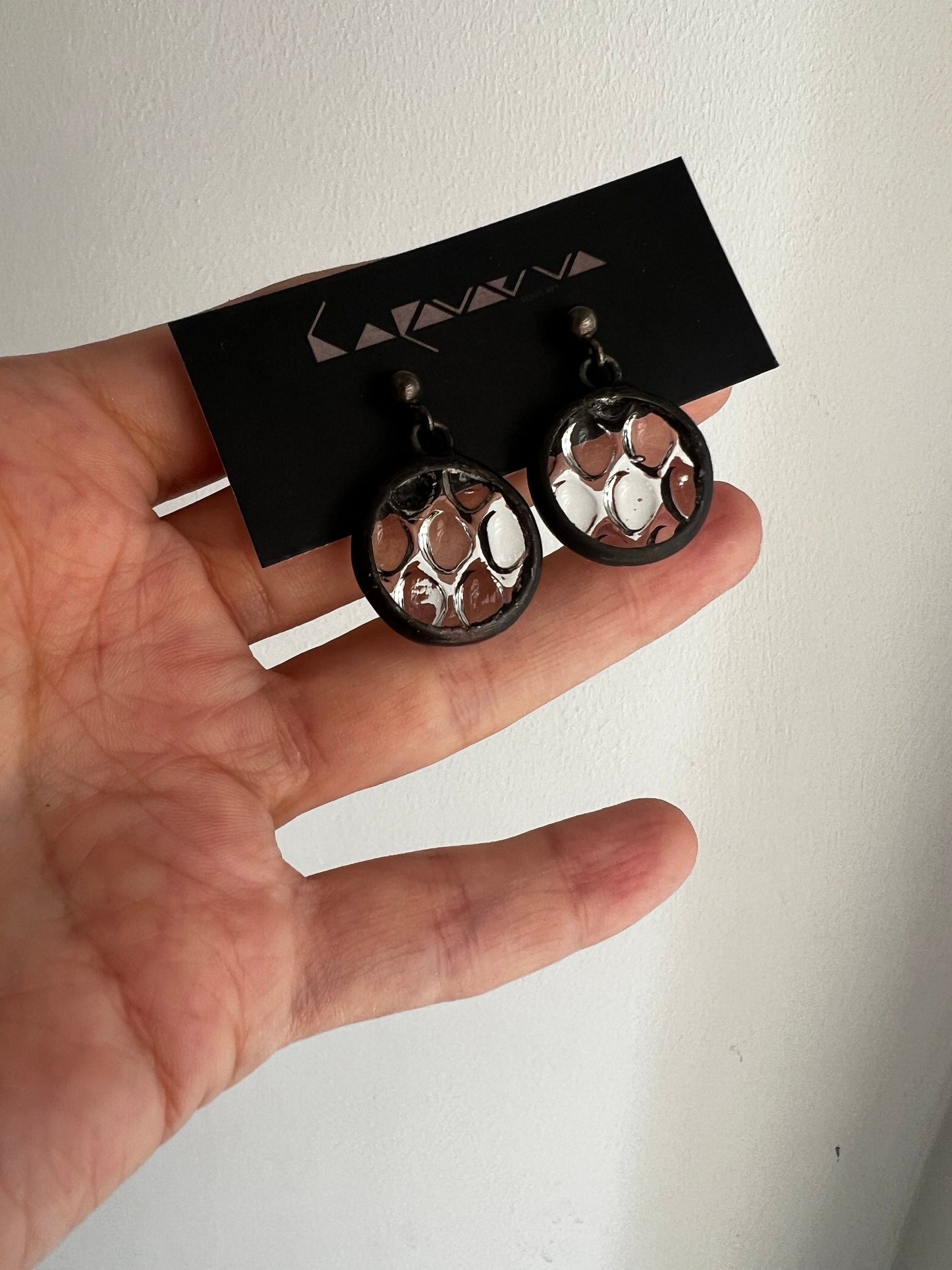 Stained Glass Raindrop Earrings: Round Crystalline Disc, Silver Studs