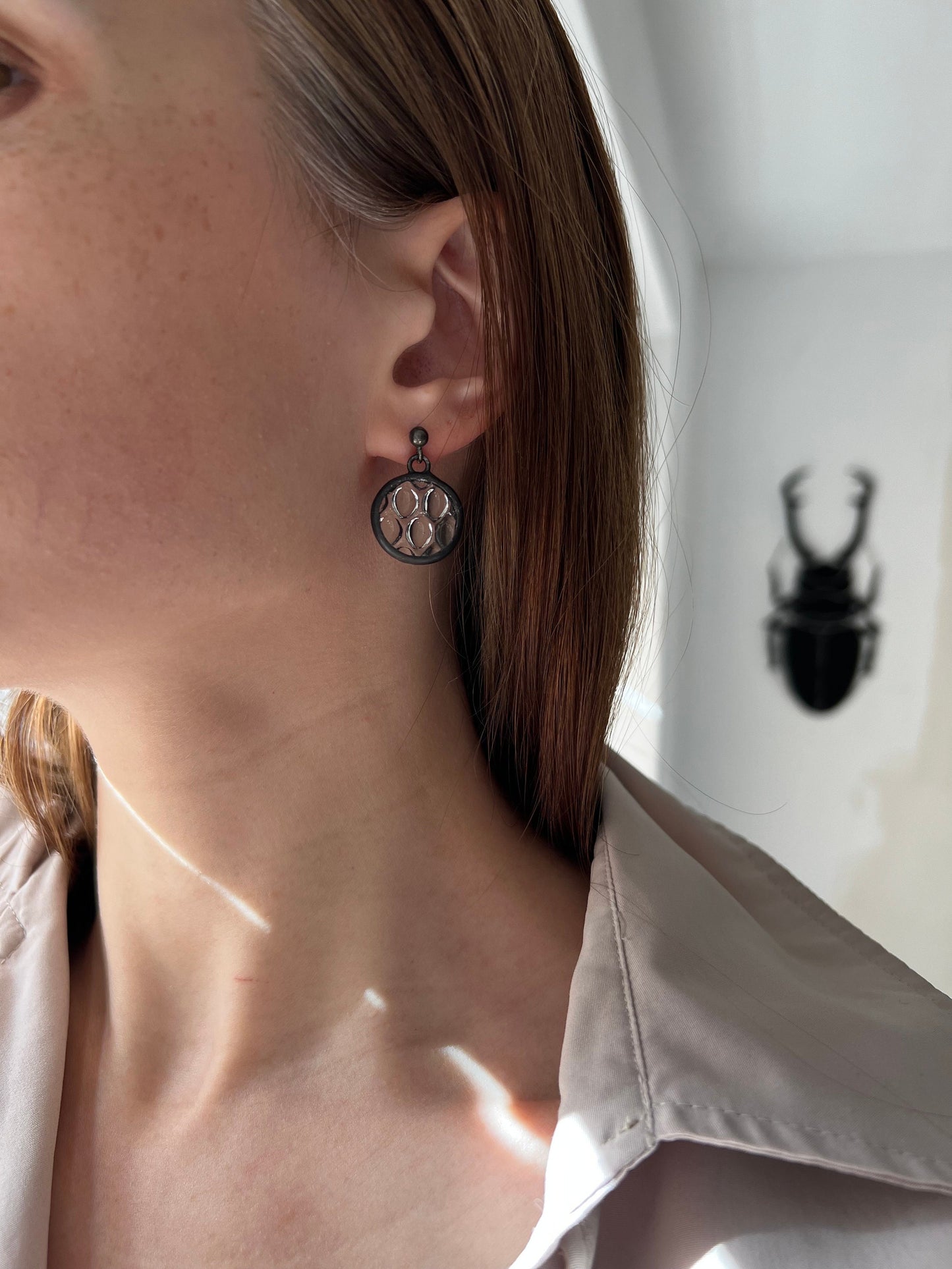 Stained Glass Raindrop Earrings: Round Crystalline Disc, Silver Studs