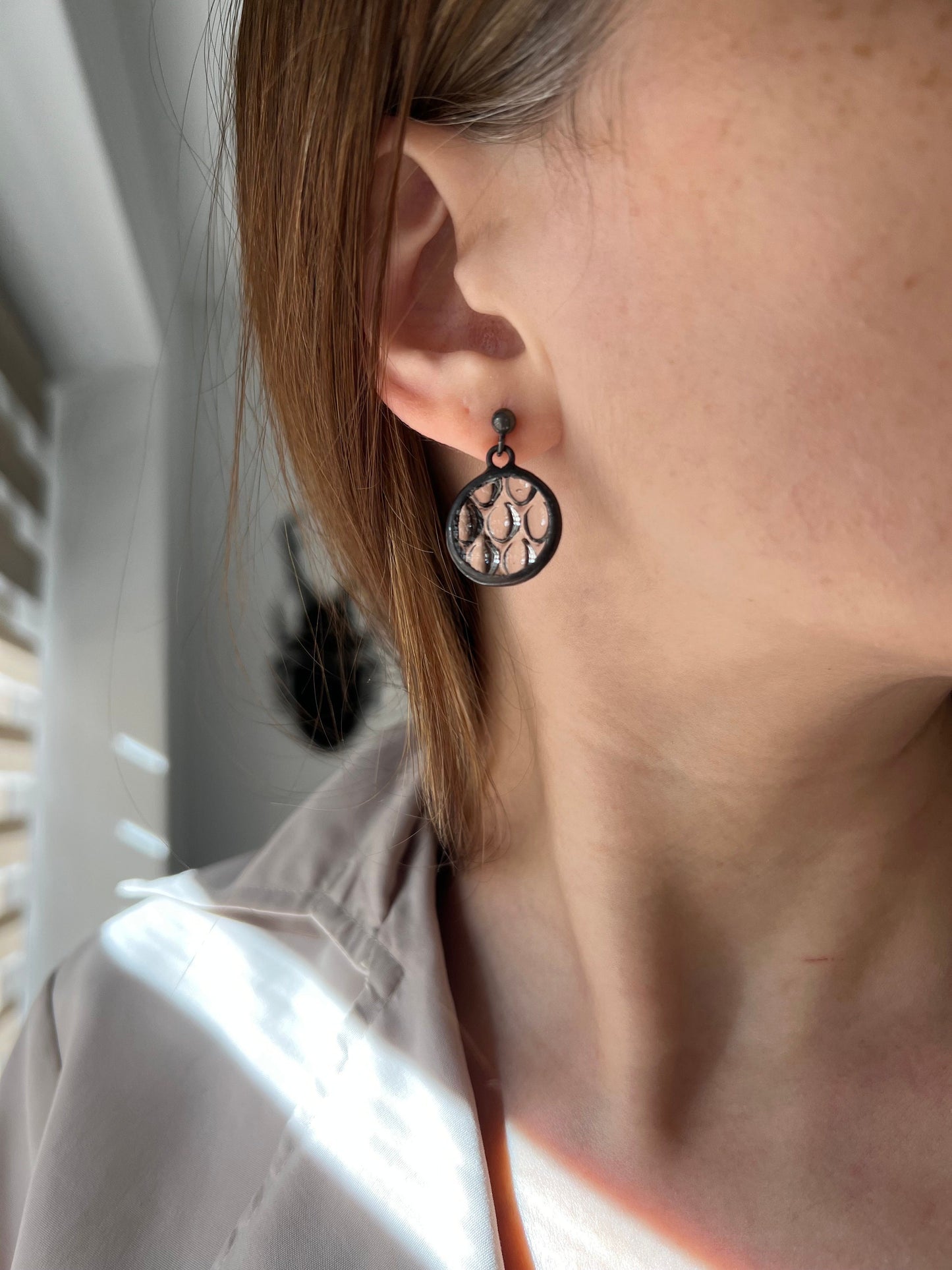 Stained Glass Raindrop Earrings: Round Crystalline Disc, Silver Studs