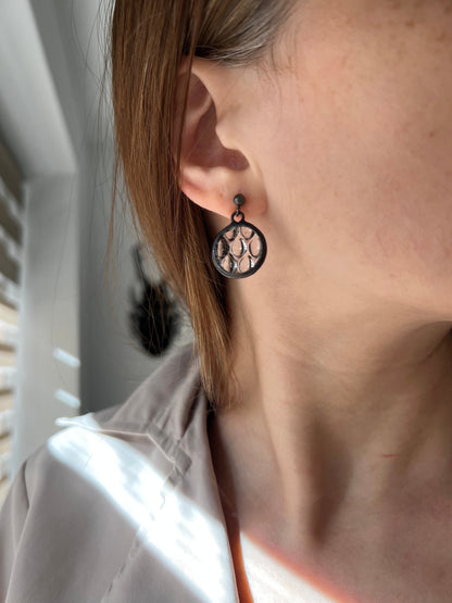 Stained Glass Raindrop Earrings: Round Crystalline Disc, Silver Studs
