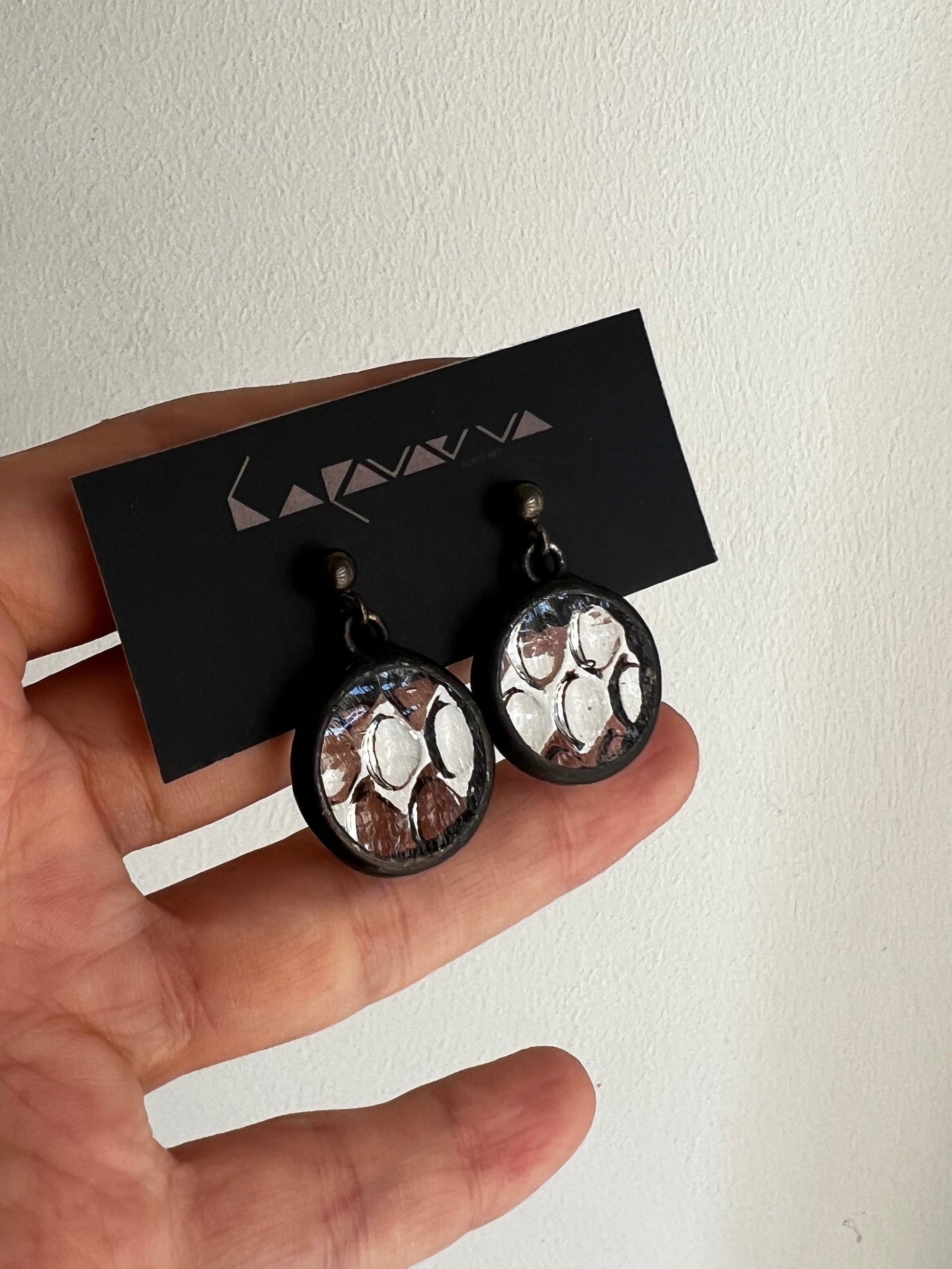 Stained Glass Raindrop Earrings: Round Crystalline Disc, Silver Studs