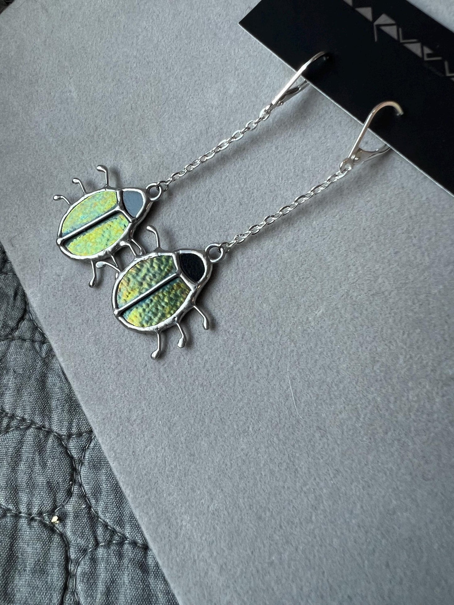 Long chain beetle earrings with iridescent glass, nature-inspired jewelry