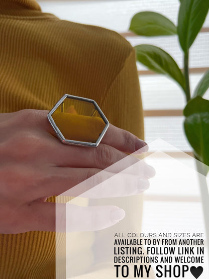 Chunky Hexagon Blue Stained Glass Ring: Wabi Sabi Gothic Jewelry