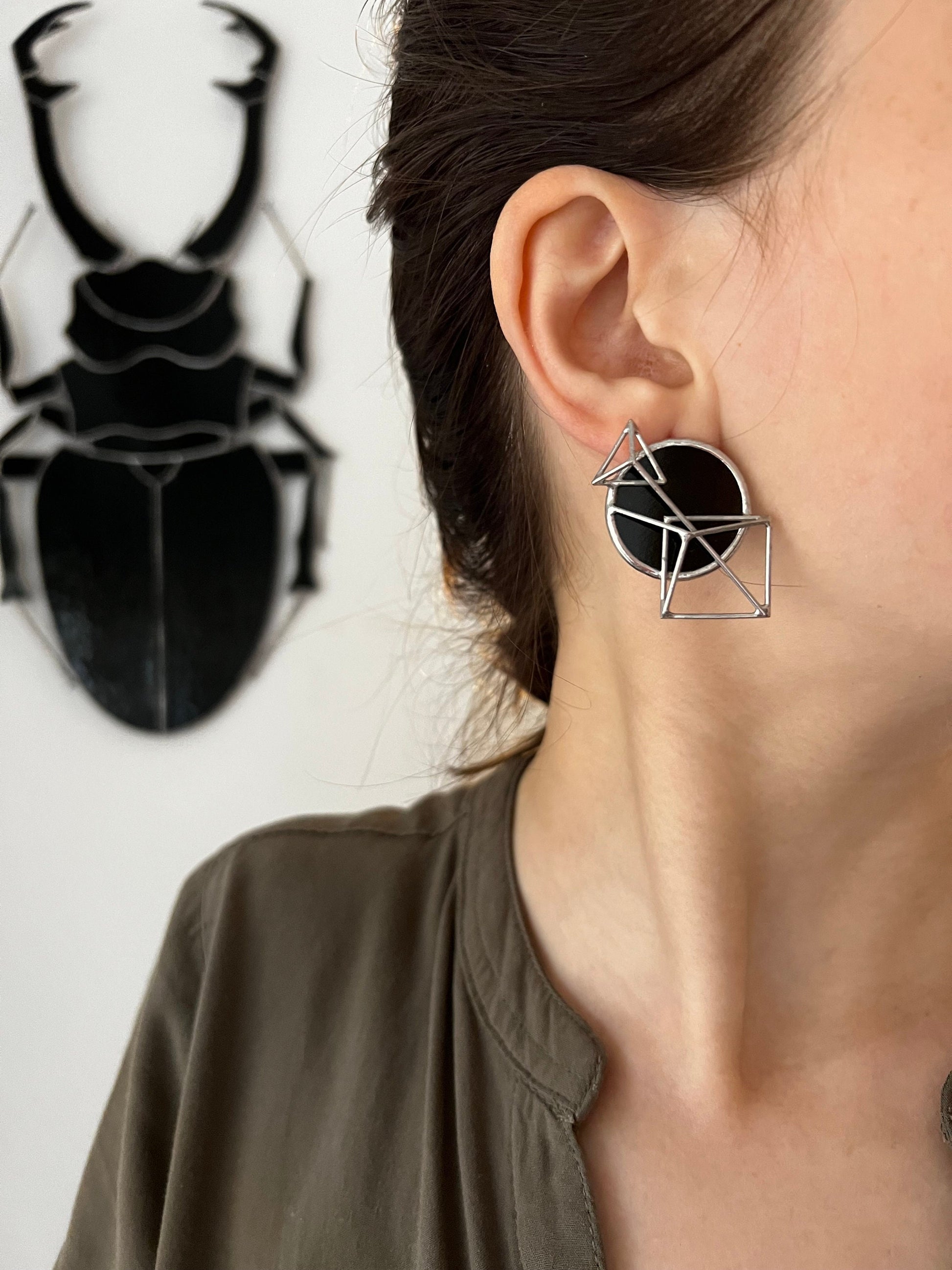 Black Round Earrings, Black Stud earrings, Round Post earrings, Modern Jewelry, Large Earrings, Geometric Large earrings, Studs Earrings