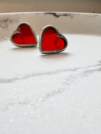 Small red heart glass earrings minimalist style