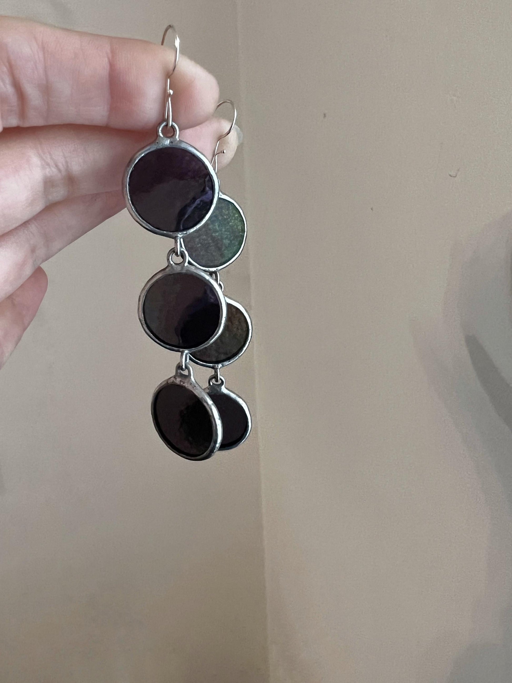 Stained Glass Dangle Earrings: Geometric Circle Drop, 925 Silver