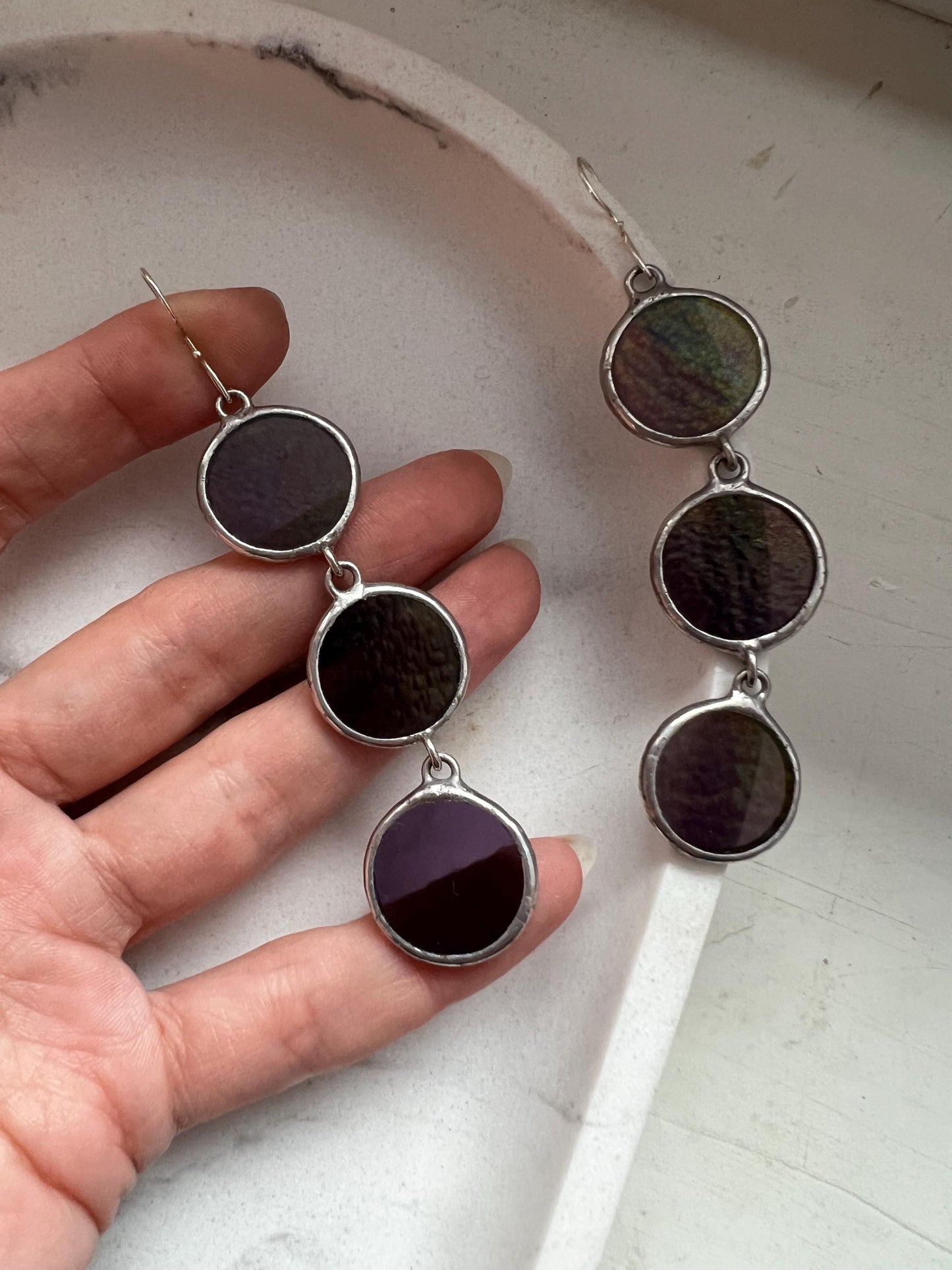 Artistic stained glass earrings with three round elements