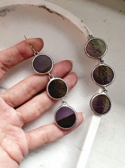 Stained Glass Triple Drop Earrings: Long Boho 925 Silver Dangles