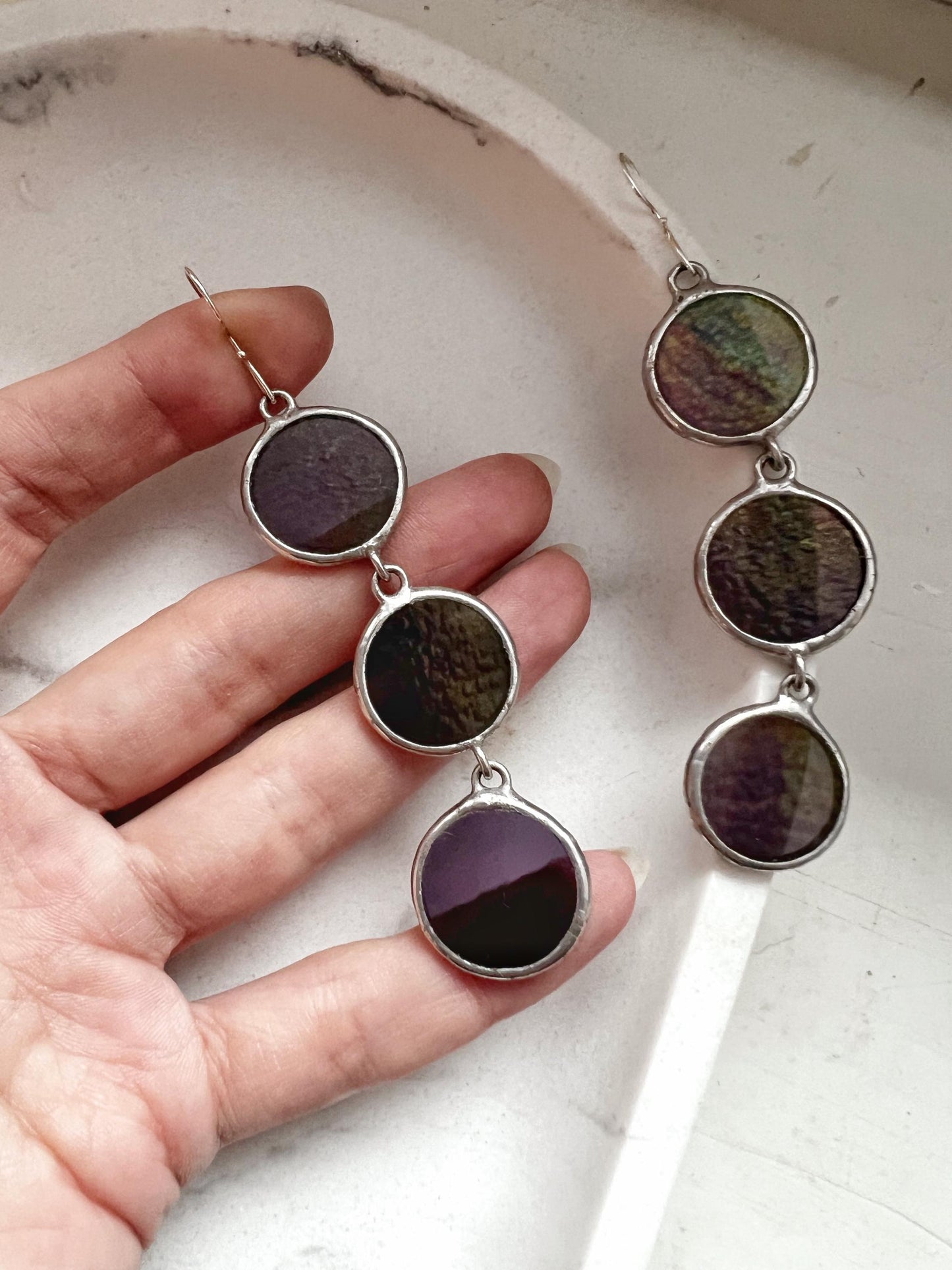 Unique handmade purple glass earrings detail shot