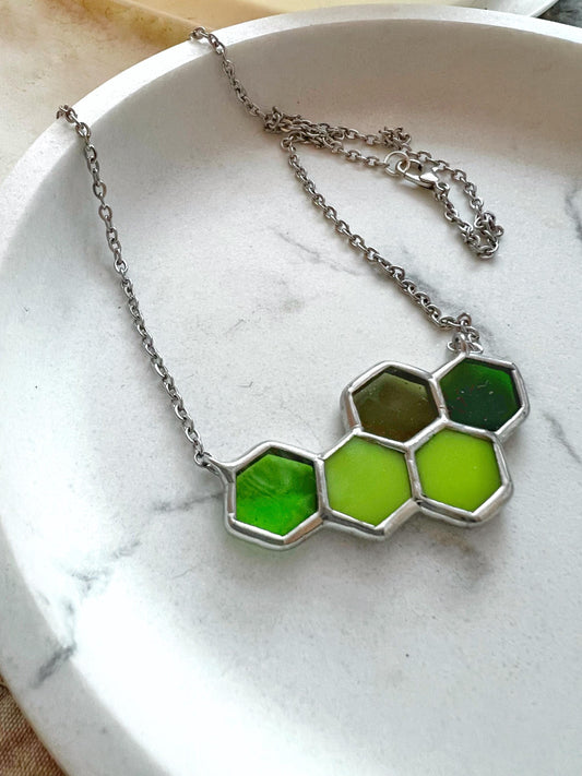 Honeycomb necklace, stained glass statement necklace, hexagon jewelry, geometric necklace, bee lover gifts, nature jewelry, gift for women