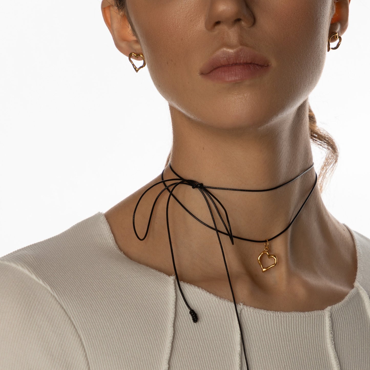Silver heart charm wrap choker with black cord, romantic gift