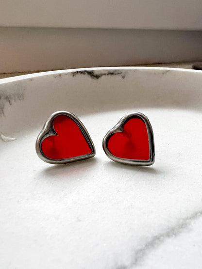 Small red heart earrings artisan jewelry