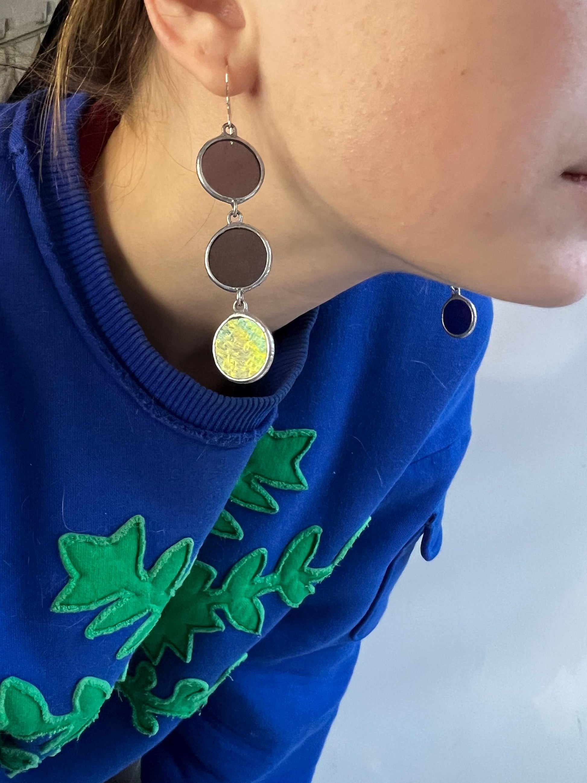 Stained Glass Dangle Earrings: Geometric Circle Drop, 925 Silver