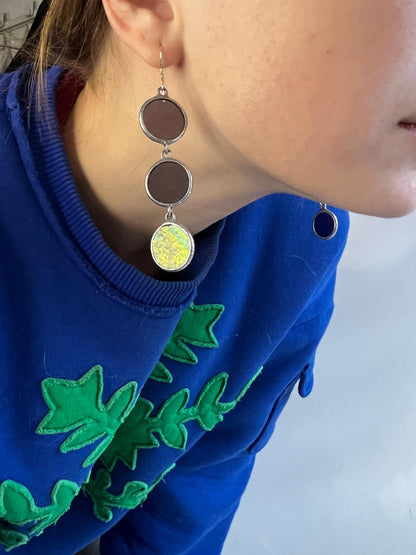 Stained Glass Triple Drop Earrings: Long Boho 925 Silver Dangles