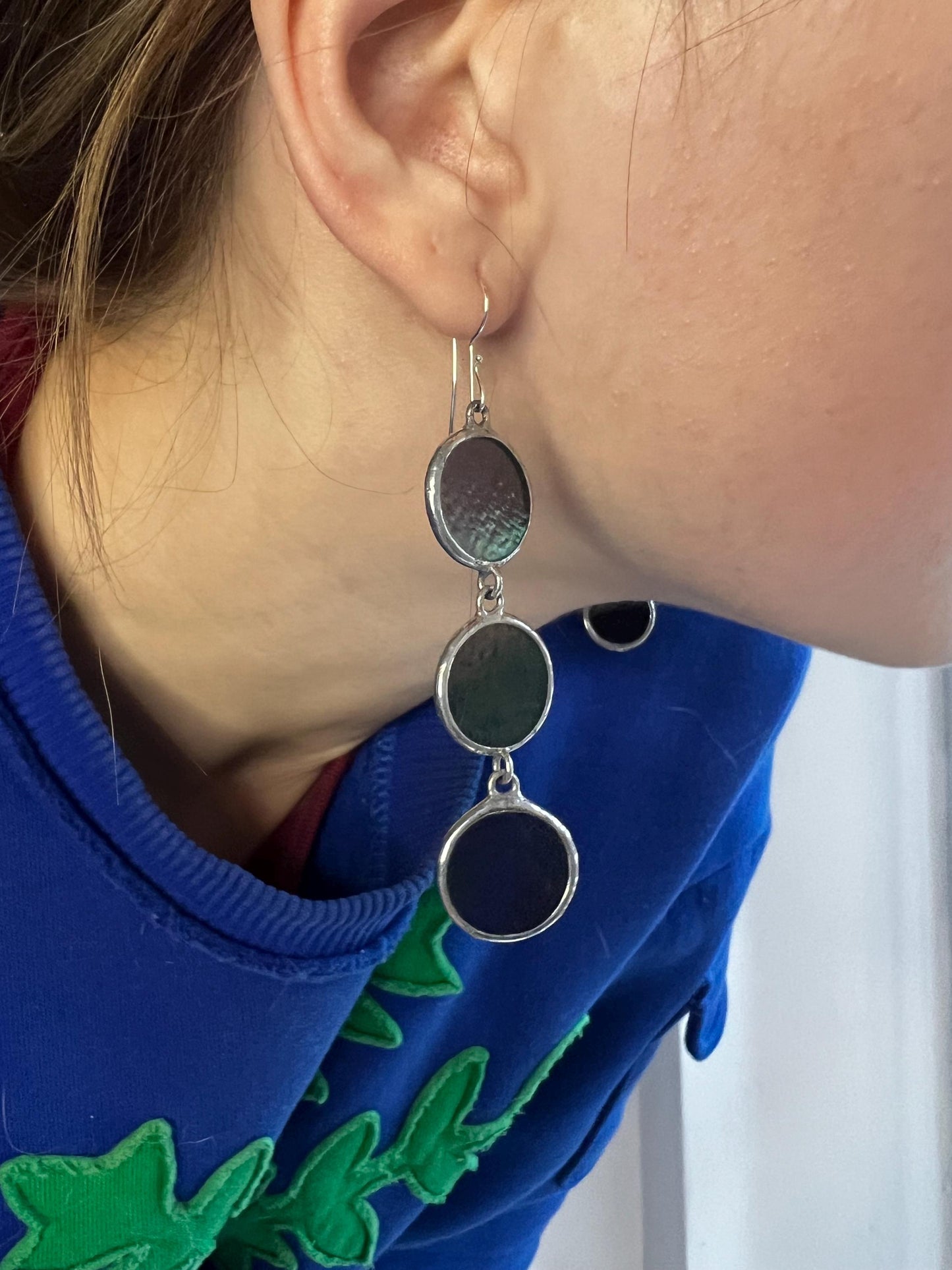 Stained Glass Dangle Earrings: Geometric Circle Drop, 925 Silver